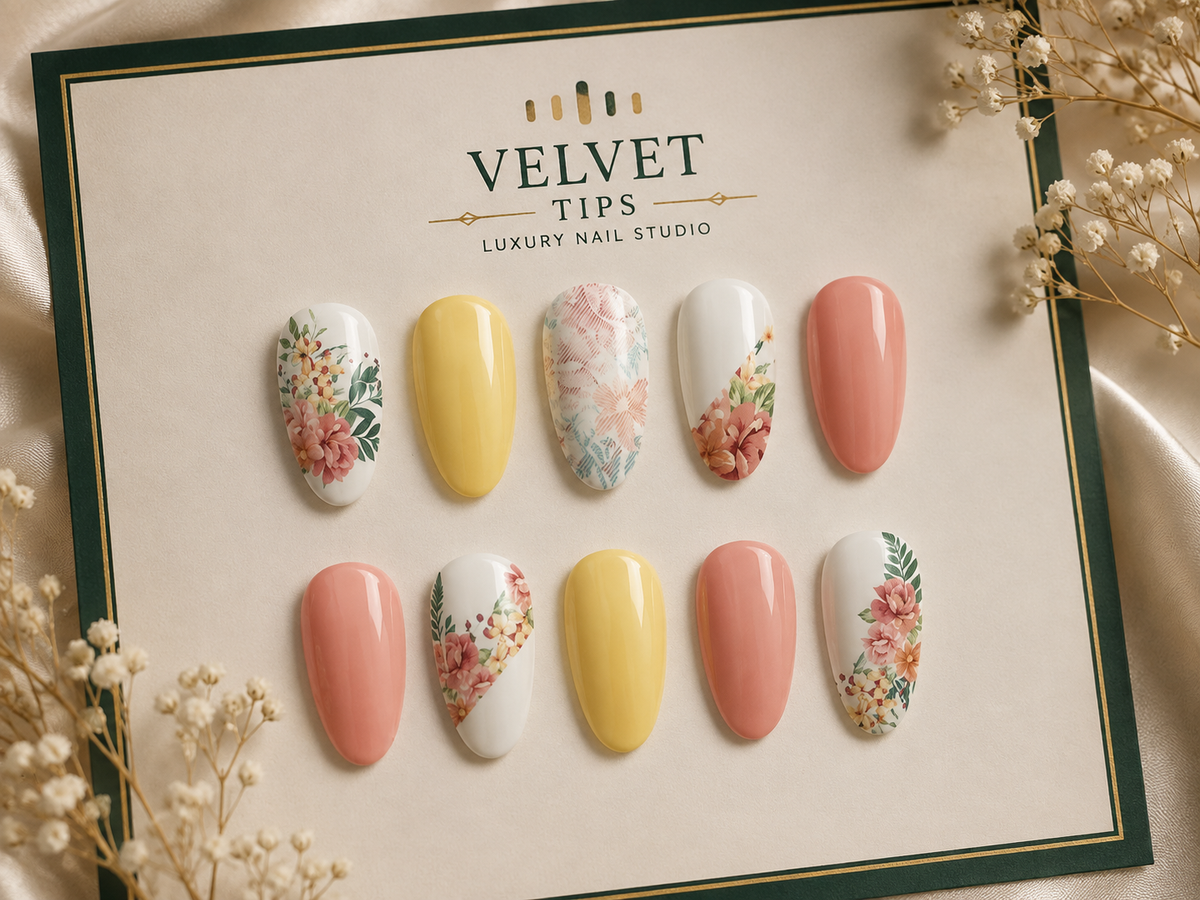 Spring Floral Press-On Nail Set - Velvet Tips Luxury Nail Studio