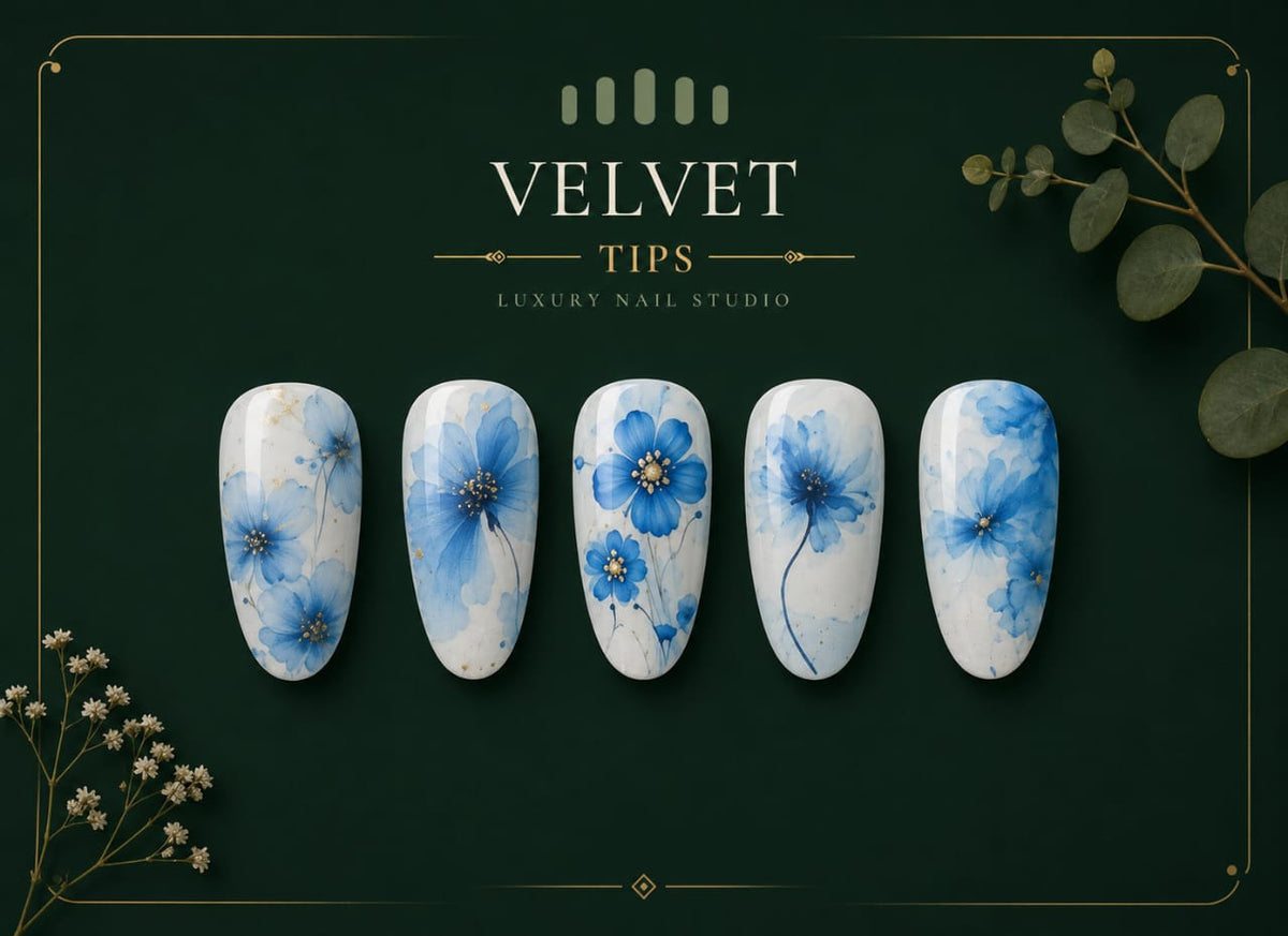 Blue and white floral press-on nail set by Velvet Tips