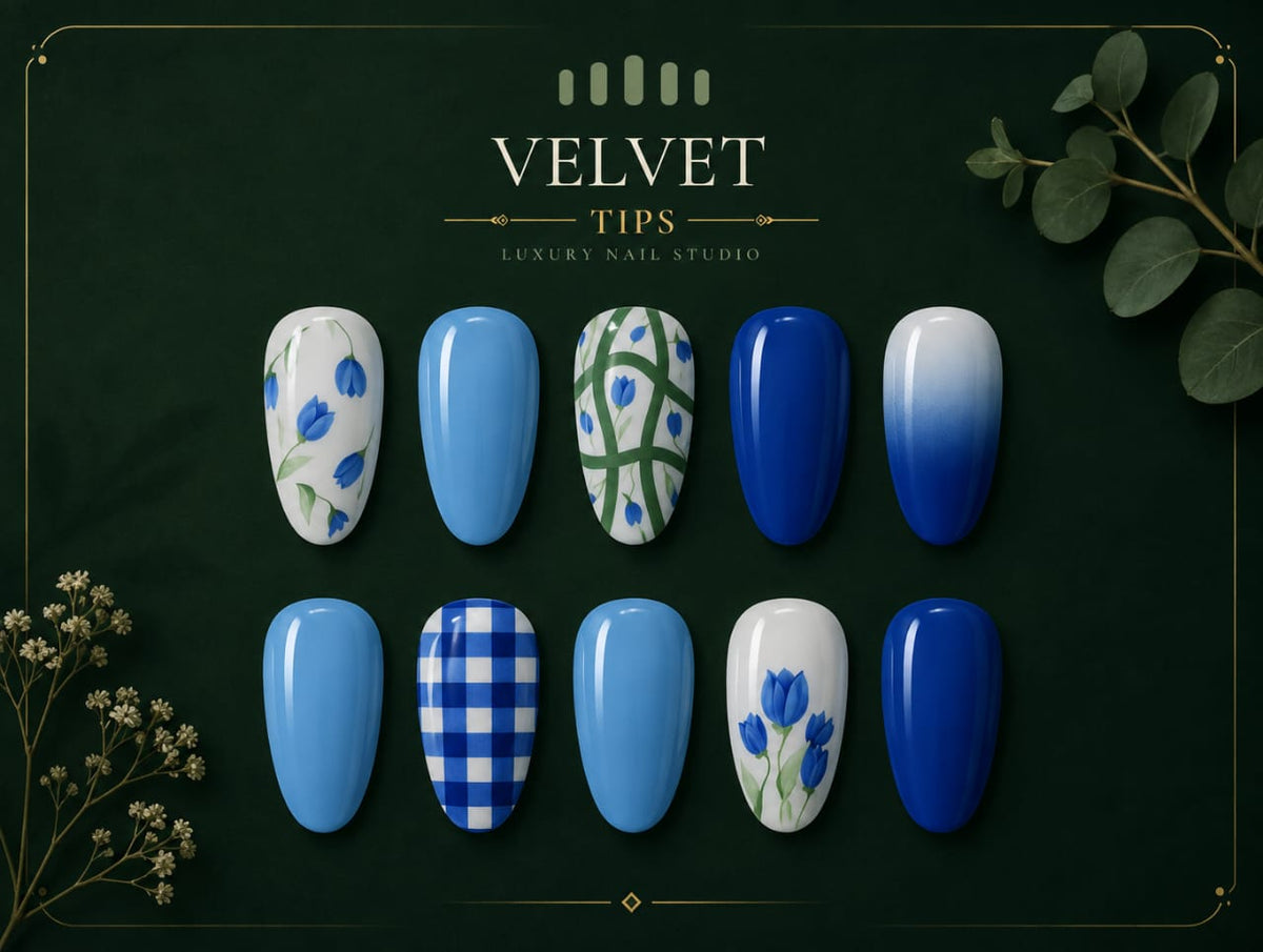 Blue floral and checkered press-on nail set by Velvet Tips