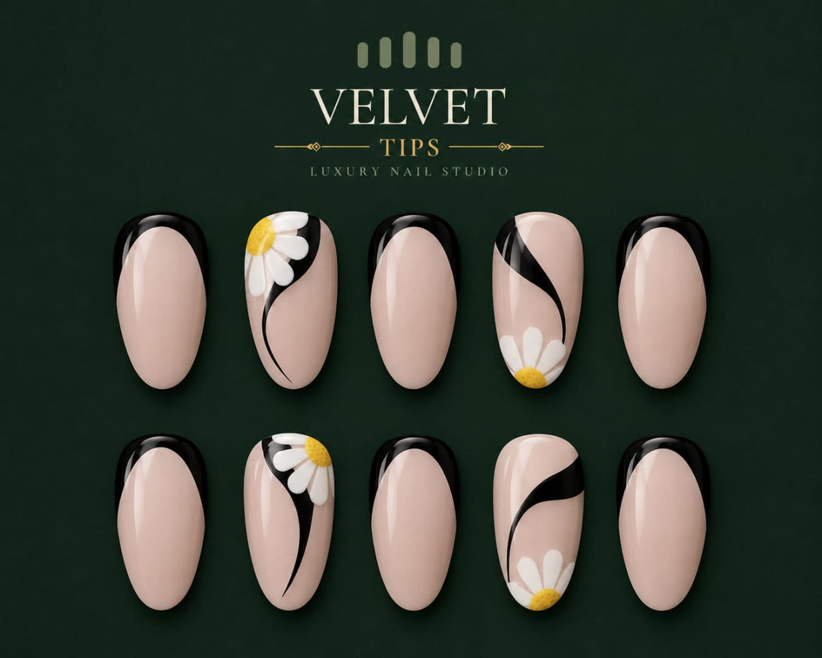 Nude press-on nail set with black ribbon accents and white daisies by Velvet Tips