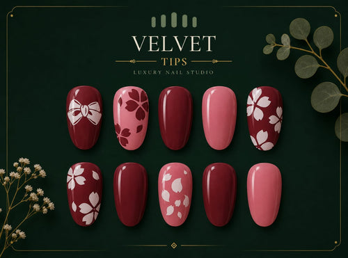 Burgundy pink and white floral press-on nail set by Velvet Tips